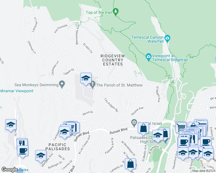map of restaurants, bars, coffee shops, grocery stores, and more near 1175 Las Pulgas Place in Los Angeles