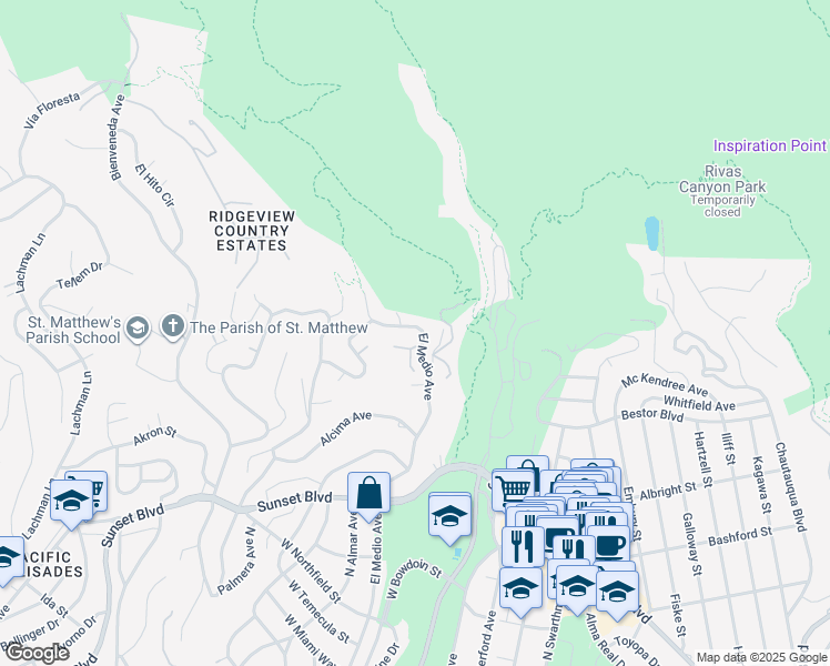 map of restaurants, bars, coffee shops, grocery stores, and more near 1109 El Medio Avenue in Los Angeles