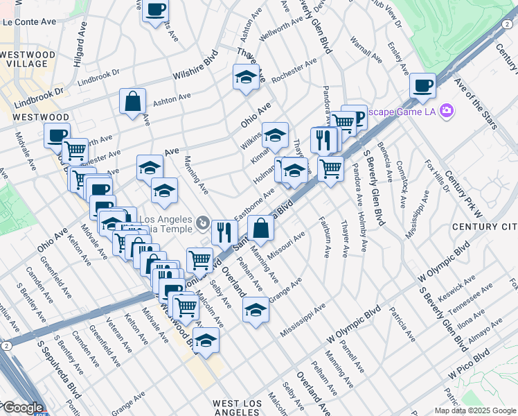 map of restaurants, bars, coffee shops, grocery stores, and more near 10614 Eastborne Avenue in Los Angeles