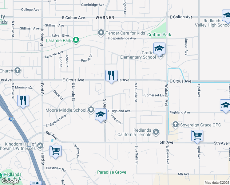 map of restaurants, bars, coffee shops, grocery stores, and more near 1617 Arcata Drive in Redlands