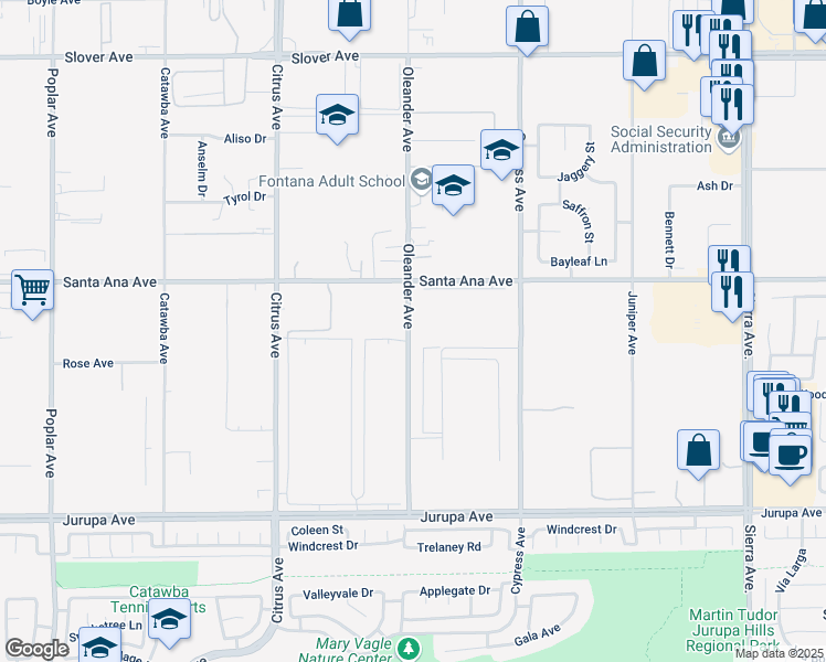 map of restaurants, bars, coffee shops, grocery stores, and more near 10985 Oleander Avenue in Fontana