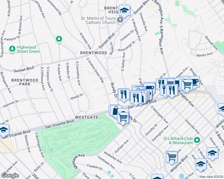map of restaurants, bars, coffee shops, grocery stores, and more near 459 South Bundy Drive in Los Angeles