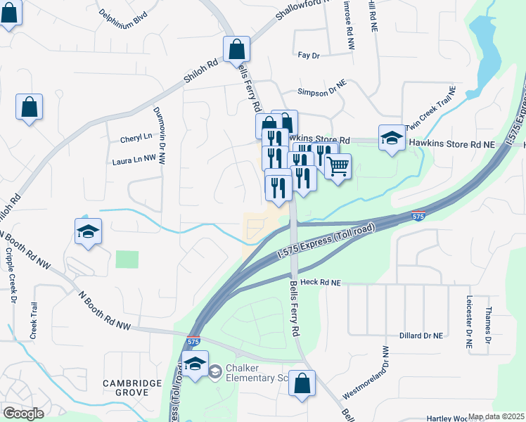 map of restaurants, bars, coffee shops, grocery stores, and more near 402 Bottesford Drive Northwest in Kennesaw