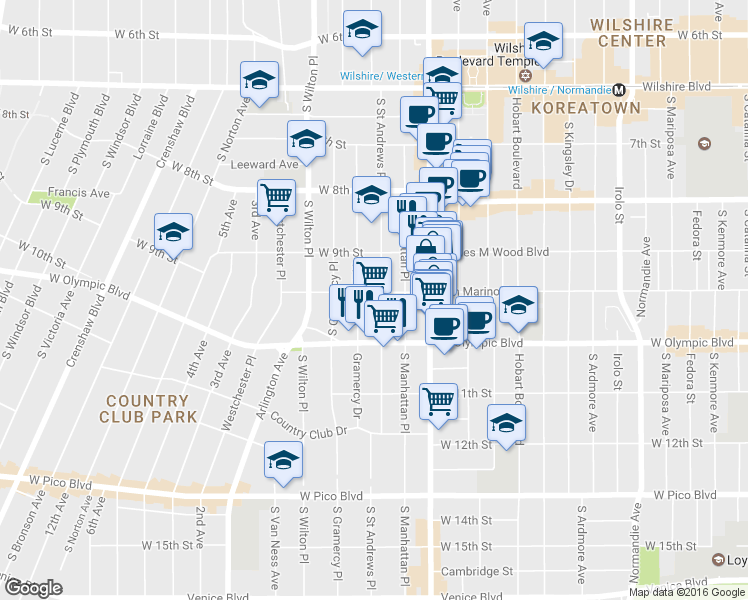 map of restaurants, bars, coffee shops, grocery stores, and more near 947 Saint Andrews Place South in Los Angeles