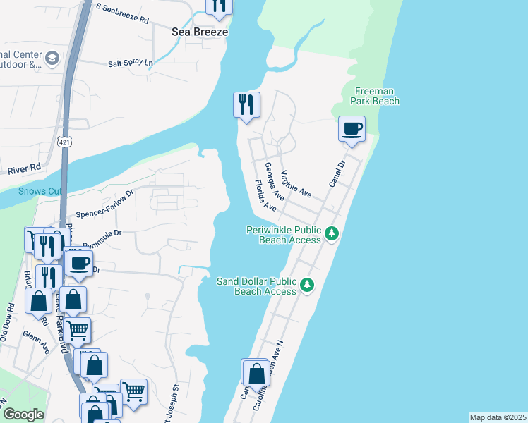 map of restaurants, bars, coffee shops, grocery stores, and more near 209-211 Florida Ave in Carolina Beach