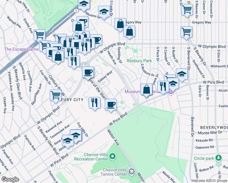 map of restaurants, bars, coffee shops, grocery stores, and more near 2 West Century Drive in Los Angeles