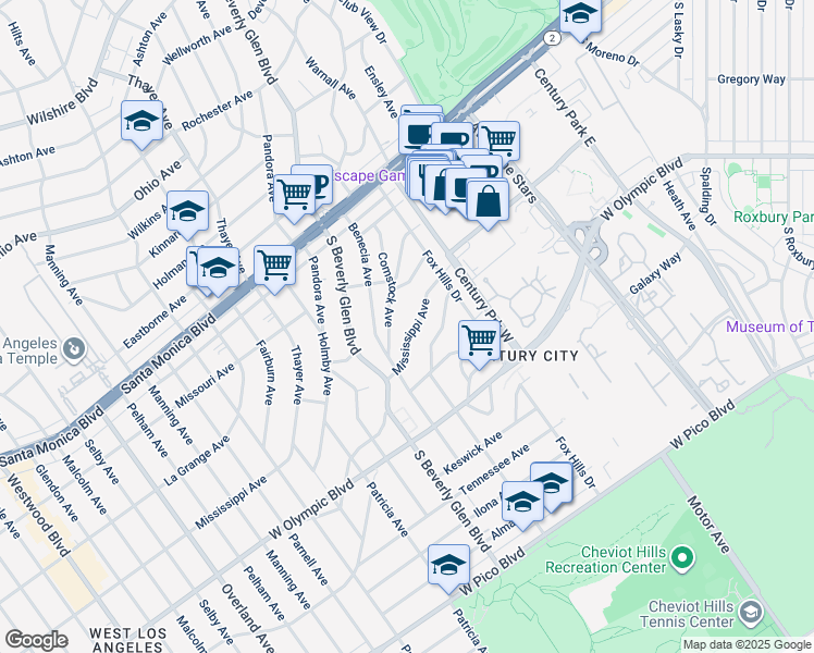 map of restaurants, bars, coffee shops, grocery stores, and more near 10353 Mississippi Avenue in Los Angeles