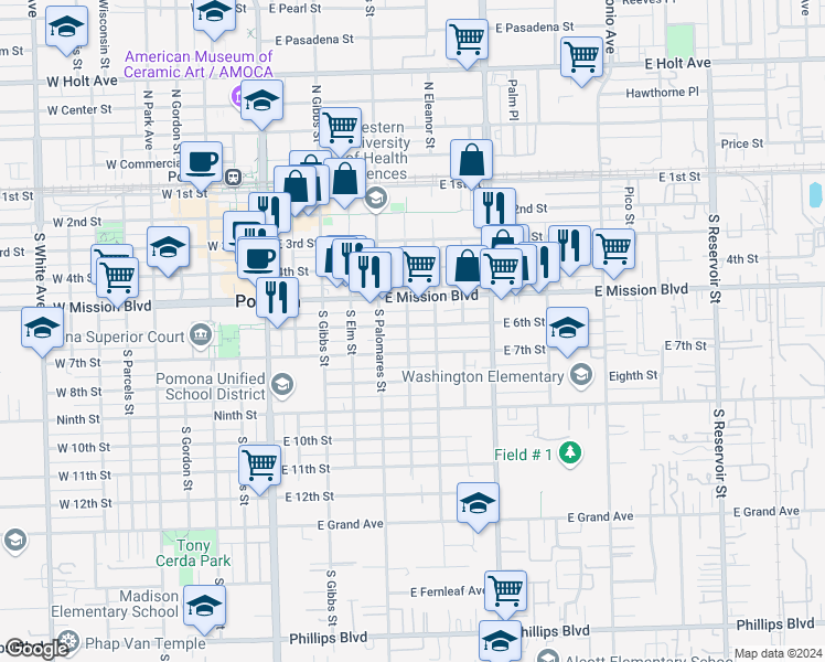 map of restaurants, bars, coffee shops, grocery stores, and more near 602 East 6th Street in Pomona