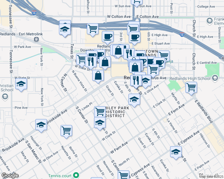 map of restaurants, bars, coffee shops, grocery stores, and more near 11 Grant Street in Redlands