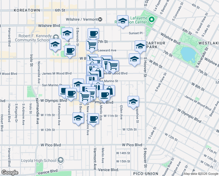 map of restaurants, bars, coffee shops, grocery stores, and more near 947 Westmoreland Avenue in Los Angeles