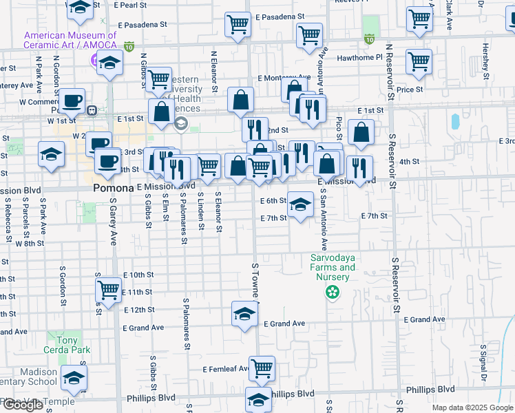 map of restaurants, bars, coffee shops, grocery stores, and more near 600 South Towne Avenue in Pomona
