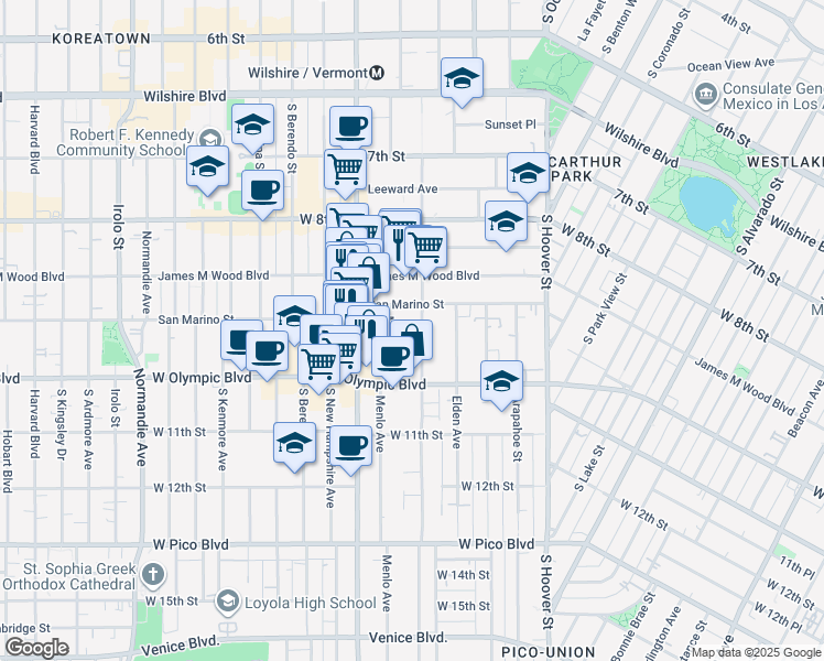 map of restaurants, bars, coffee shops, grocery stores, and more near 947 Westmoreland Avenue in Los Angeles
