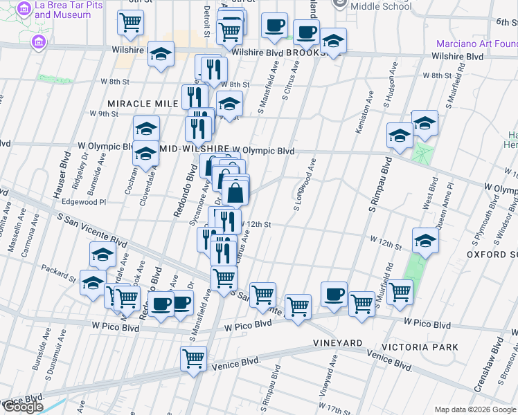 map of restaurants, bars, coffee shops, grocery stores, and more near 1119 South Citrus Avenue in Los Angeles