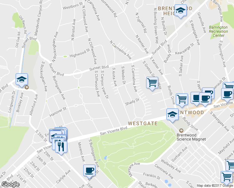 map of restaurants, bars, coffee shops, grocery stores, and more near 215 South Anita Avenue in Los Angeles