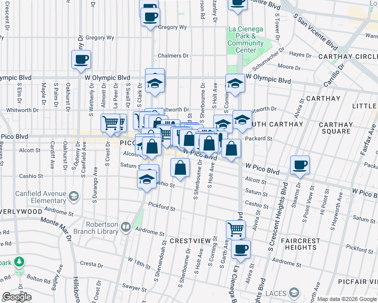 map of restaurants, bars, coffee shops, grocery stores, and more near W Pico Blvd & S Bedford St in Los Angeles