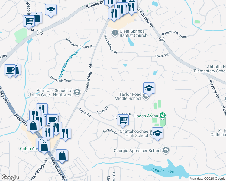 map of restaurants, bars, coffee shops, grocery stores, and more near 120 Pine Bridge Trail in Alpharetta