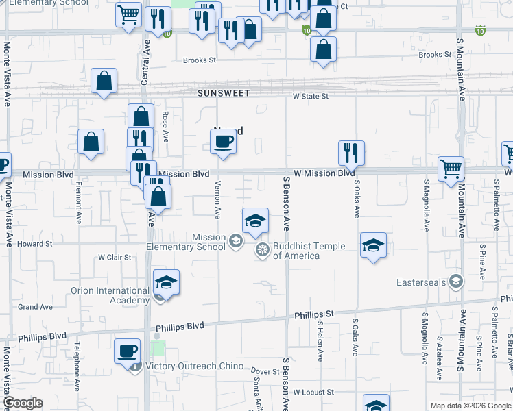 map of restaurants, bars, coffee shops, grocery stores, and more near 858 North Benson Avenue in Ontario