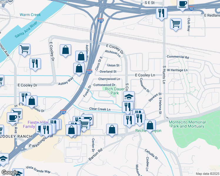 map of restaurants, bars, coffee shops, grocery stores, and more near 951 Torrey Pines Drive South in Colton