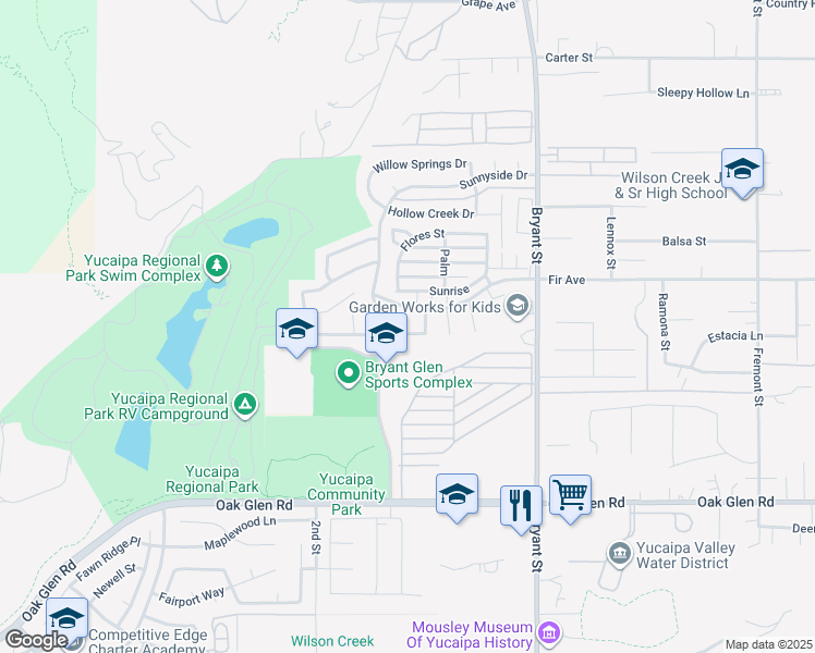 map of restaurants, bars, coffee shops, grocery stores, and more near 35058 Gemwood Lane in Yucaipa