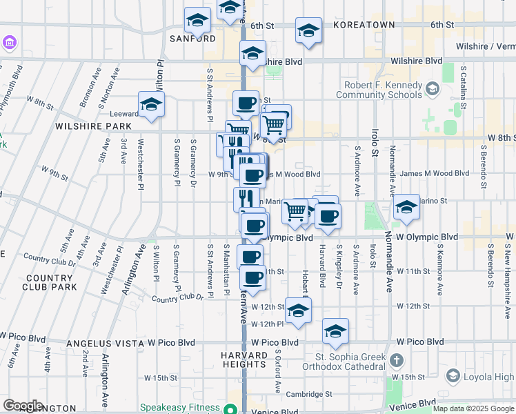 map of restaurants, bars, coffee shops, grocery stores, and more near 3464 San Marino Street in Los Angeles