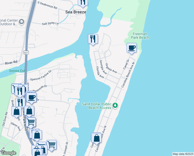 map of restaurants, bars, coffee shops, grocery stores, and more near 211 Florida Ave in Carolina Beach