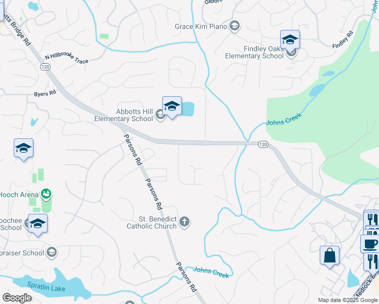 map of restaurants, bars, coffee shops, grocery stores, and more near 5680 Abbotts Bridge Road in Duluth