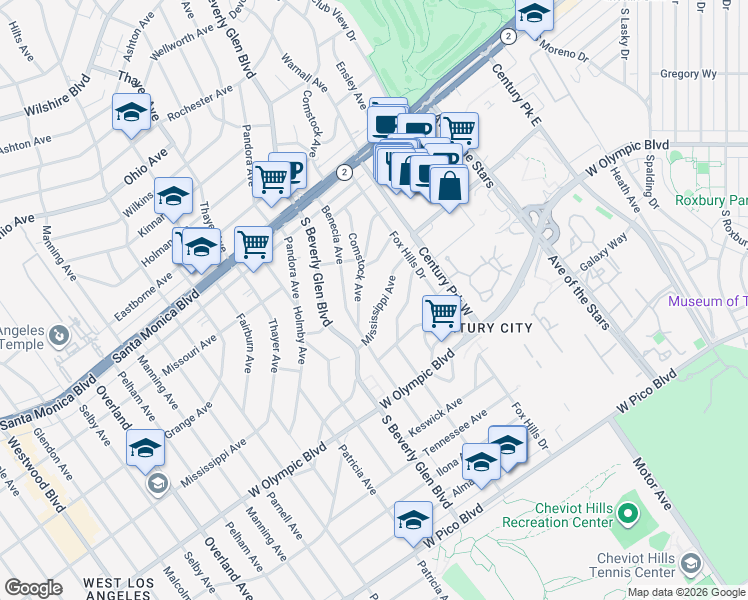 map of restaurants, bars, coffee shops, grocery stores, and more near 10353 Mississippi Avenue in Los Angeles