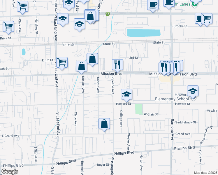 map of restaurants, bars, coffee shops, grocery stores, and more near 10990 Pipeline Avenue in Pomona