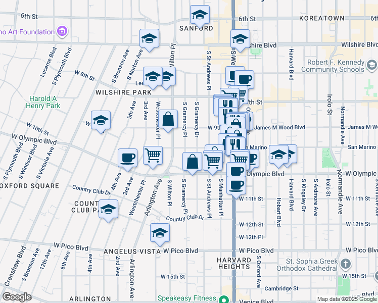 map of restaurants, bars, coffee shops, grocery stores, and more near 940 South Gramercy Place in Los Angeles