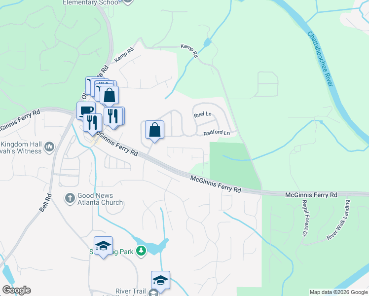 map of restaurants, bars, coffee shops, grocery stores, and more near 8570 Village Place in Suwanee