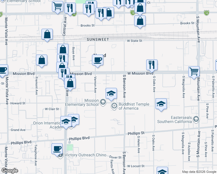 map of restaurants, bars, coffee shops, grocery stores, and more near 10993 Bel Air Avenue in Montclair