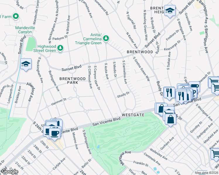 map of restaurants, bars, coffee shops, grocery stores, and more near 215 South Anita Avenue in Los Angeles