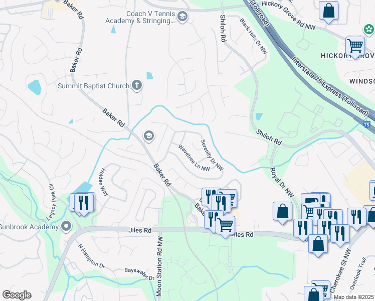map of restaurants, bars, coffee shops, grocery stores, and more near 2344 Wavetree Lane Northwest in Acworth