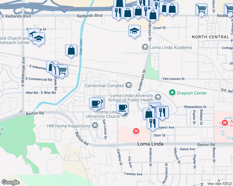 map of restaurants, bars, coffee shops, grocery stores, and more near 10972 Campus Street in Loma Linda