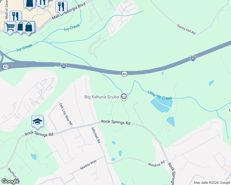map of restaurants, bars, coffee shops, grocery stores, and more near 1795 Ivy Stone Court Northeast in Buford