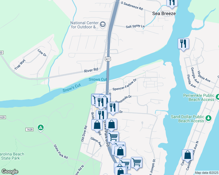 map of restaurants, bars, coffee shops, grocery stores, and more near 534 Spencer-Farlow Drive in Carolina Beach
