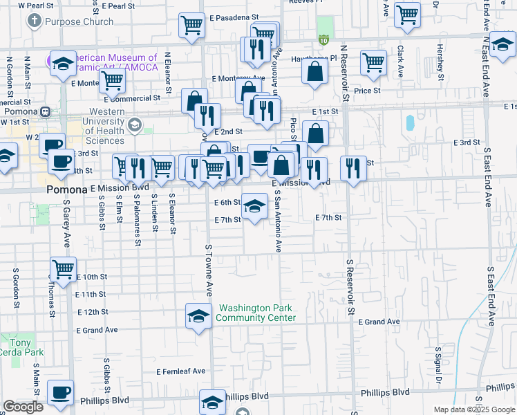 map of restaurants, bars, coffee shops, grocery stores, and more near 944 East 6th Street in Pomona