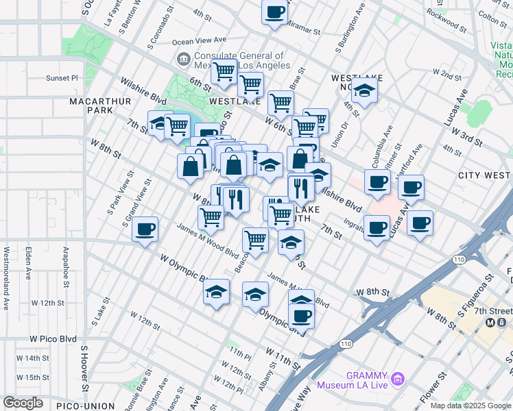 map of restaurants, bars, coffee shops, grocery stores, and more near 714 South Burlington Avenue in Los Angeles