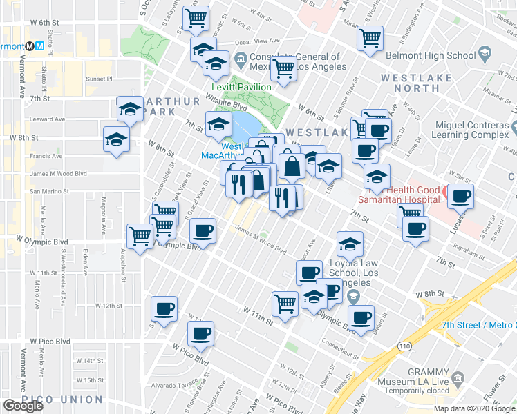 map of restaurants, bars, coffee shops, grocery stores, and more near in Los Angeles