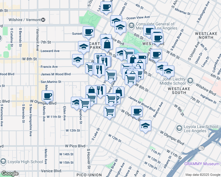 map of restaurants, bars, coffee shops, grocery stores, and more near 2301 James M Wood Boulevard in Los Angeles