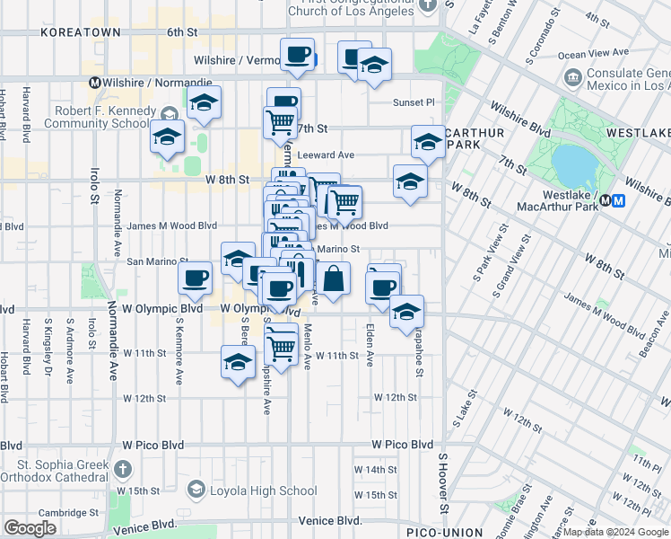 map of restaurants, bars, coffee shops, grocery stores, and more near 938 Menlo Avenue in Los Angeles