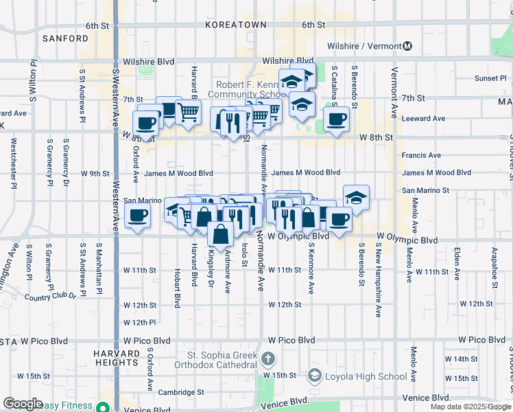 map of restaurants, bars, coffee shops, grocery stores, and more near 3215 San Marino Street in Los Angeles