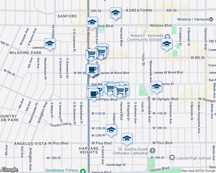 map of restaurants, bars, coffee shops, grocery stores, and more near 940 South Serrano Avenue in Los Angeles