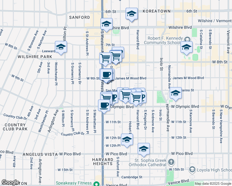 map of restaurants, bars, coffee shops, grocery stores, and more near 940 South Serrano Avenue in Los Angeles