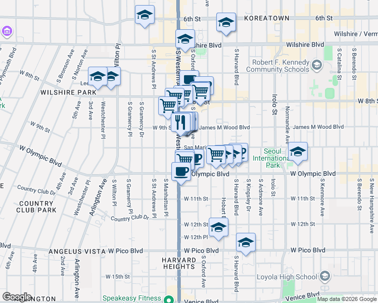 map of restaurants, bars, coffee shops, grocery stores, and more near 928 South Western Avenue in Los Angeles