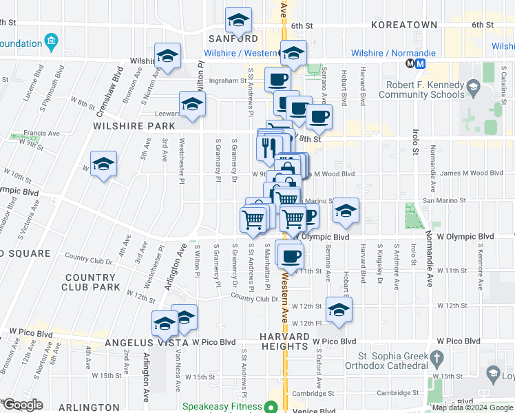 map of restaurants, bars, coffee shops, grocery stores, and more near 3571 San Marino Street in Los Angeles