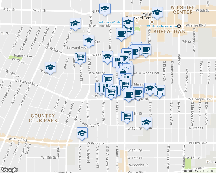 map of restaurants, bars, coffee shops, grocery stores, and more near 3571 San Marino Street in Los Angeles