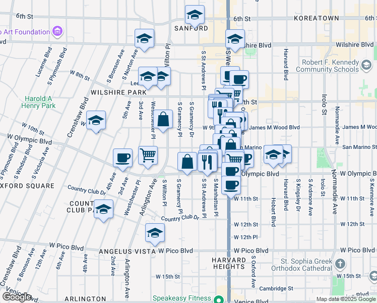 map of restaurants, bars, coffee shops, grocery stores, and more near 939 South Gramercy Place in Los Angeles