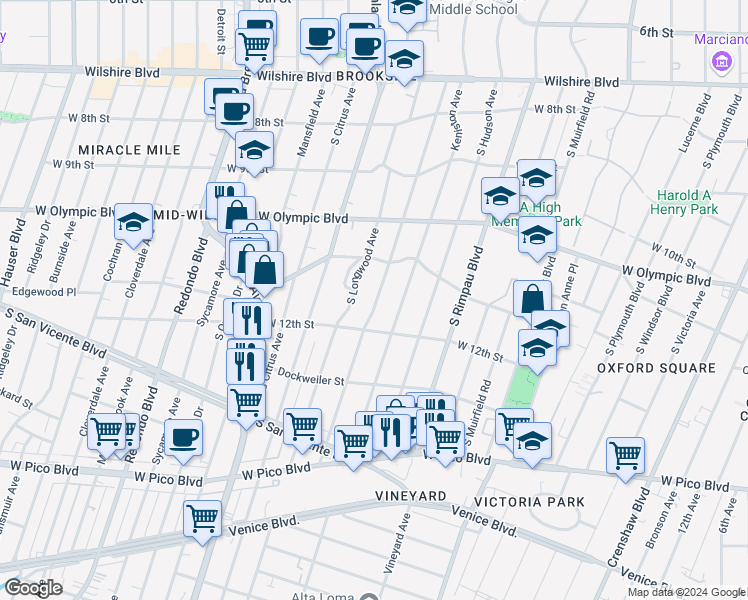 map of restaurants, bars, coffee shops, grocery stores, and more near 1132 South Tremaine Avenue in Los Angeles