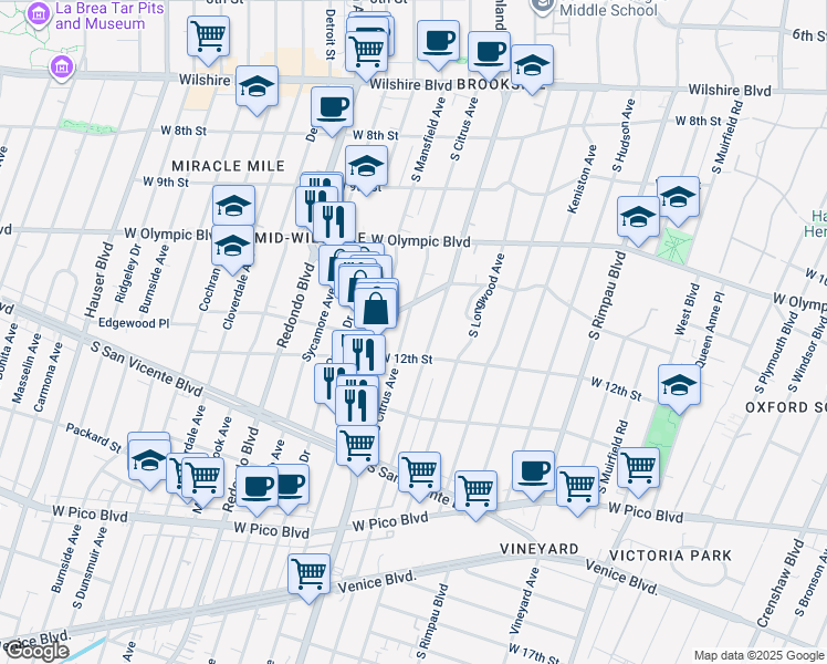 map of restaurants, bars, coffee shops, grocery stores, and more near 1119 South Citrus Avenue in Los Angeles